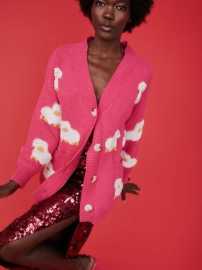 Pink Fluffy Sheep Button-Front Women's Cardigan Sweater